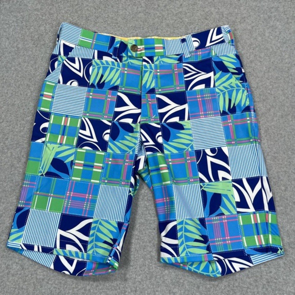 Loudmouth Golf Shorts Mens 32‎ (33x11) Blue Patchwork Tropical Plaid Flat Front